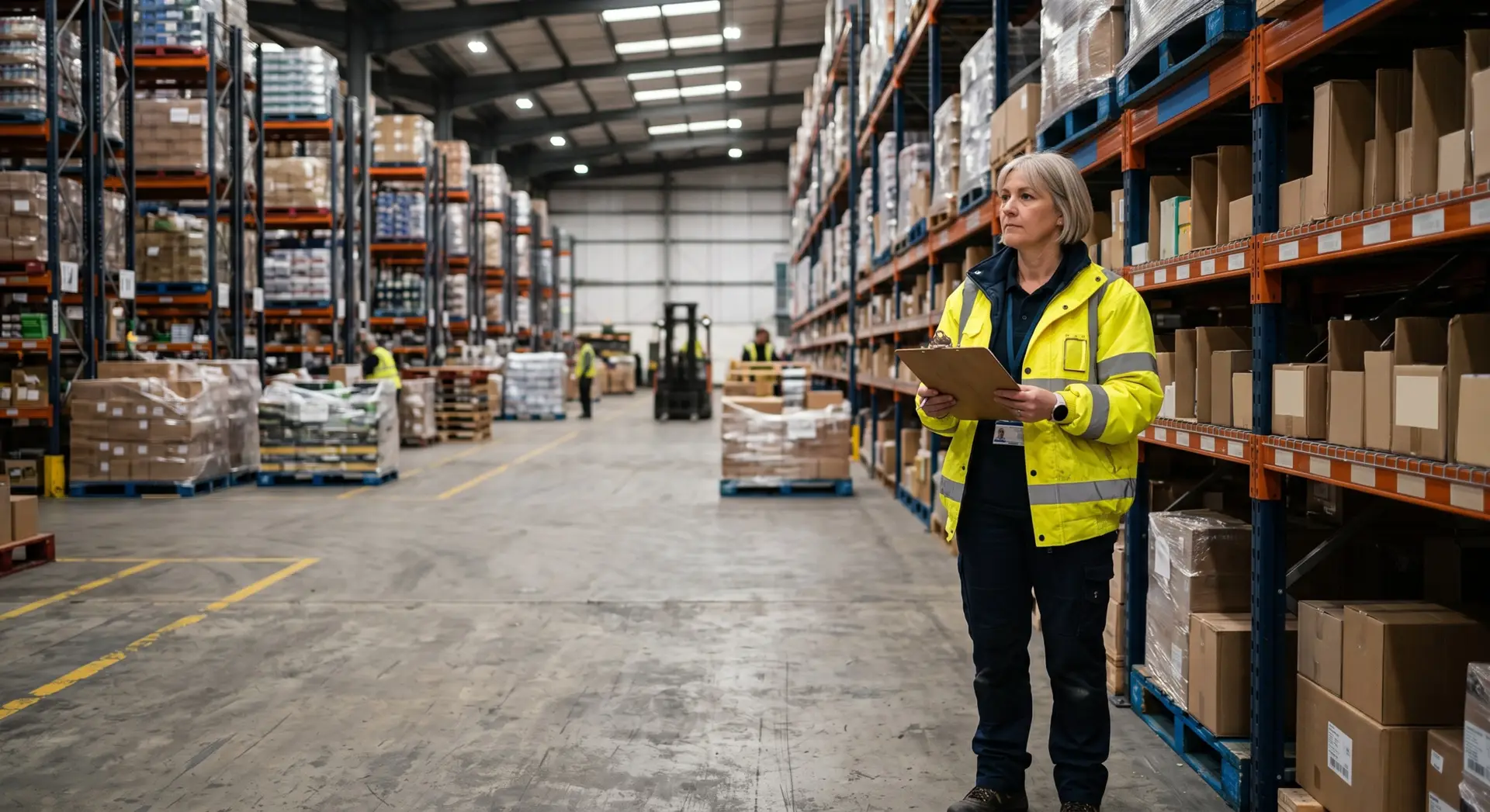 A middle-aged female warehouse manager wearing a yellow high-visibility jacket stands holding a clipboard next to tall storage racks in a large warehouse.